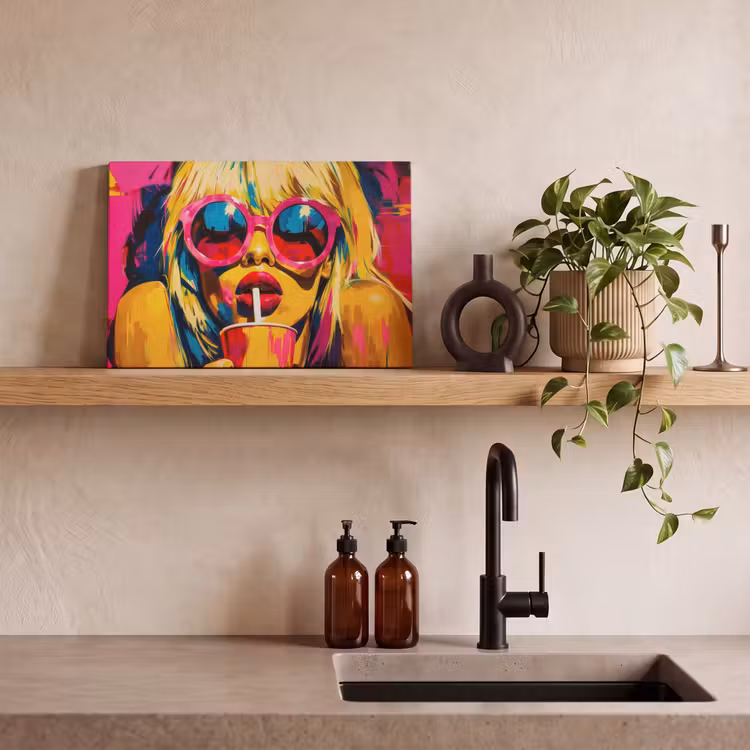 Canvas schilderij - Zonnebril - Roze - Vrouw - Rietje — 3