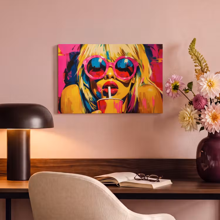 Canvas schilderij - Zonnebril - Roze - Vrouw - Rietje — 4