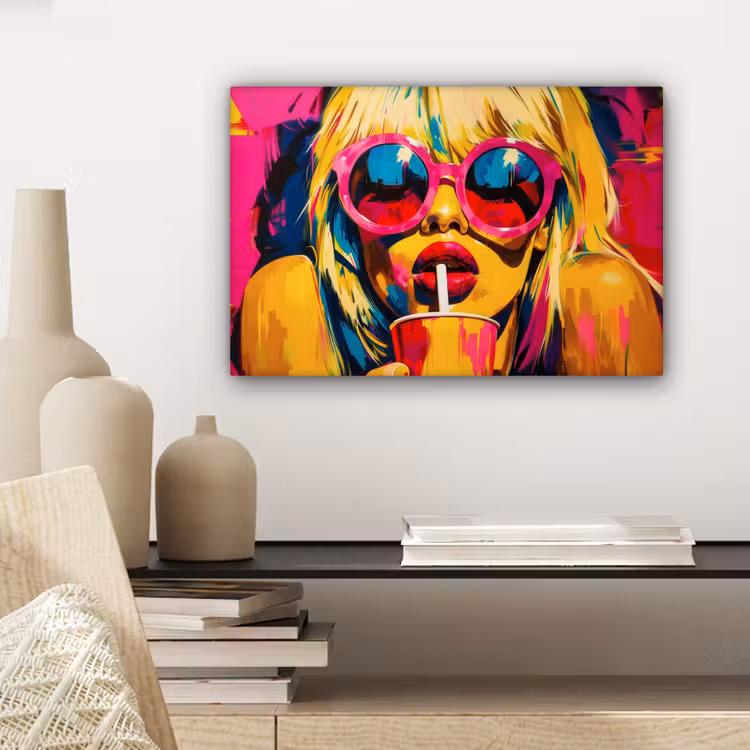 Canvas schilderij - Zonnebril - Roze - Vrouw - Rietje — 5