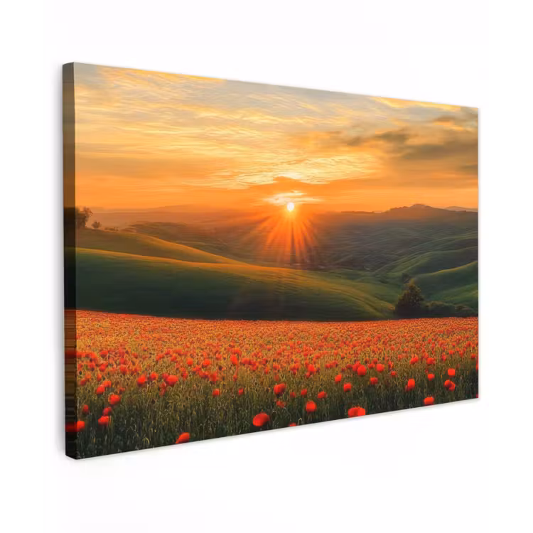 Canvas schilderij - Klaprozen - Bloemen - Heuvels - Zonsondergang — 1