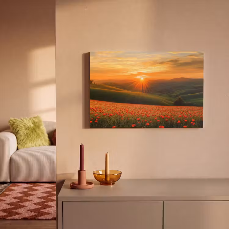 Canvas schilderij - Klaprozen - Bloemen - Heuvels - Zonsondergang — 2