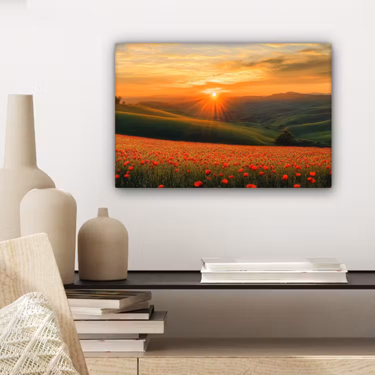 Canvas schilderij - Klaprozen - Bloemen - Heuvels - Zonsondergang — 5