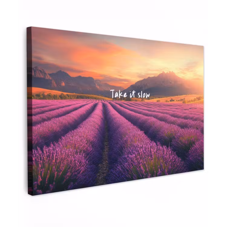 Canvas schilderij - Lavendelveld - Quote - Zonsondergang — 1