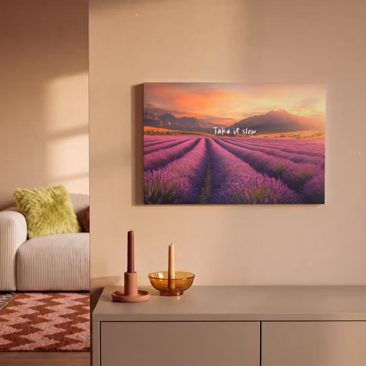 Canvas schilderij - Lavendelveld - Quote - Zonsondergang — 2