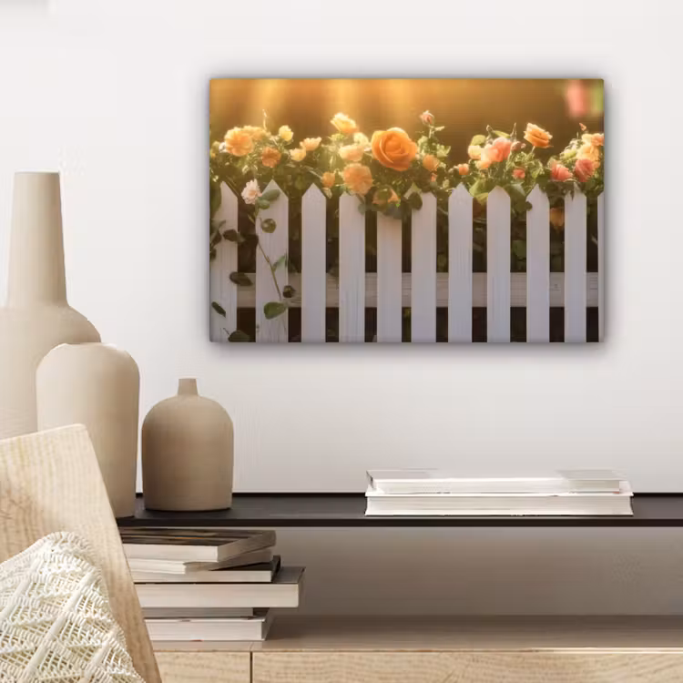Canvas schilderij - Rozen - Hek - Zonlicht — 5