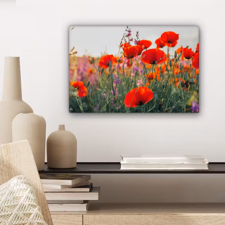 Canvas schilderij - Klaproos - Bloemen - Rood - Paars - Weide — 5