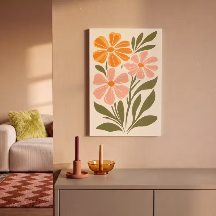 Canvas schilderij - Minimalistisch - Bloemen - Bladeren - Roze — 1