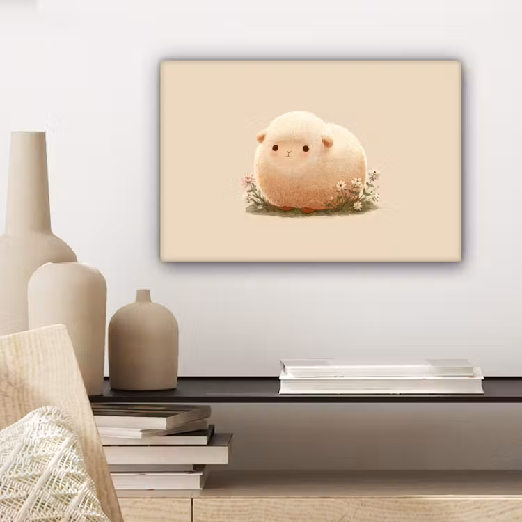 Canvas schilderij - Schaap - Beige - Bloemen — 5
