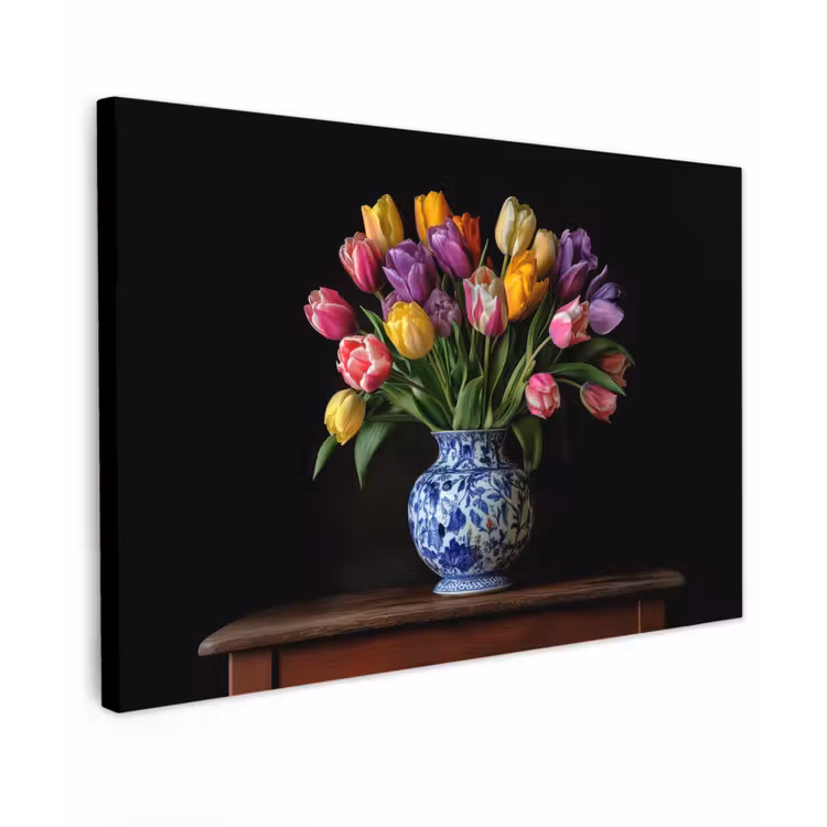 Canvas schilderij - Tulpen - Kleuren - Hout - Vaas — 1