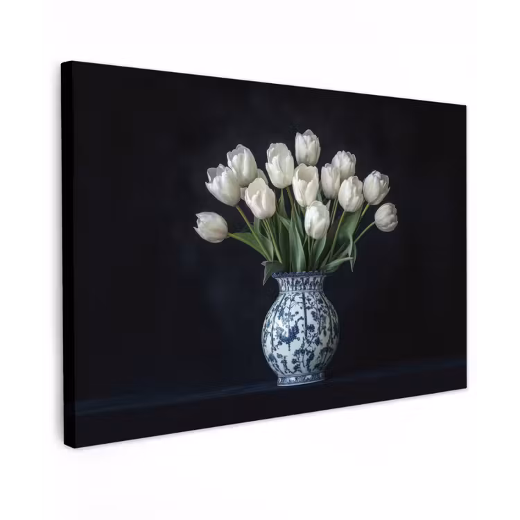 Canvas schilderij - Wit - Bloemen - Tulpen - Vaas — 1