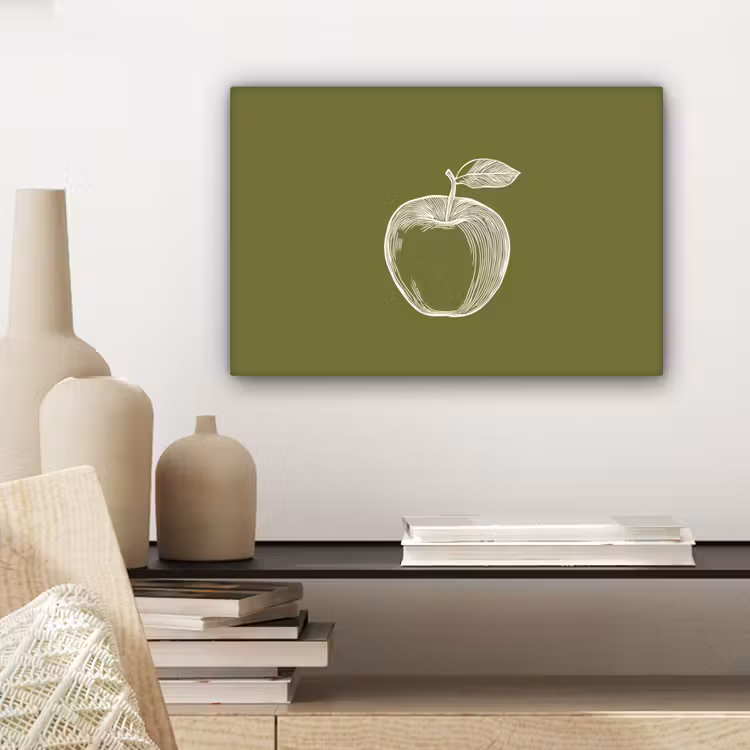 Canvas schilderij - Lijntekening - Appel - Olijfgroen - Blaadje — 5