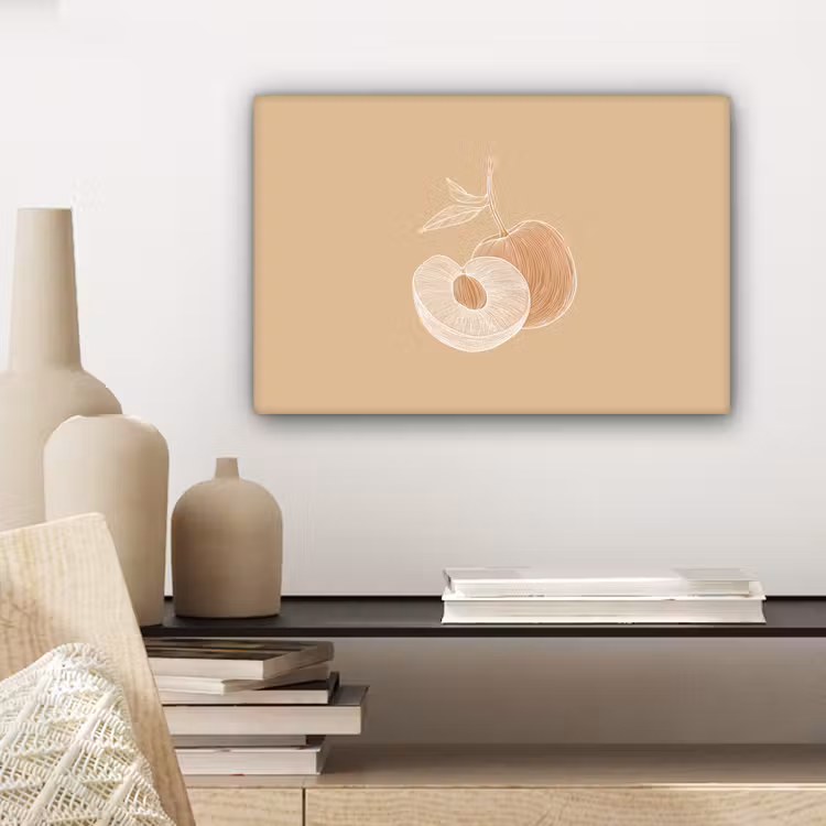 Canvas schilderij - Perzik - Lijntekening - Pit - Beige — 5