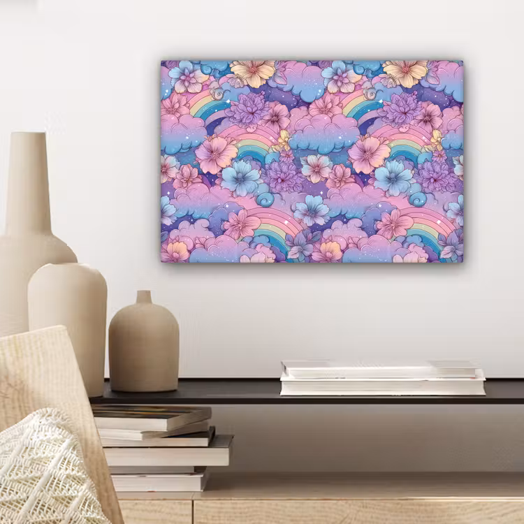 Canvas schilderij - Regenbogen - Bloemen - Kleurrijk - Wolken — 5