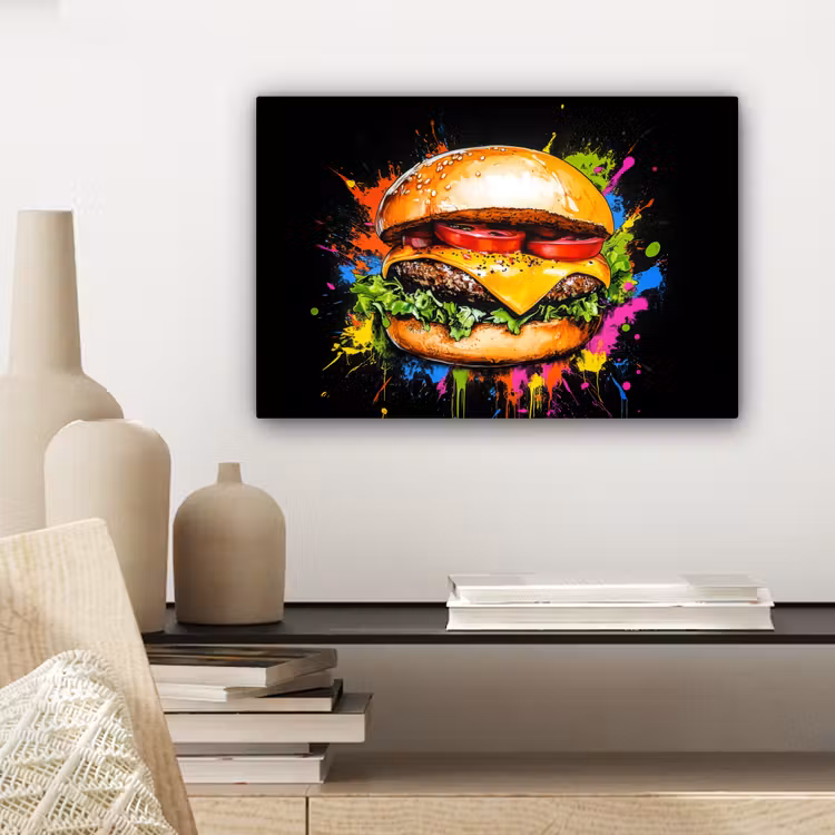Canvas schilderij - Hamburger - Graffiti - Verf - Kleurrijk - Eten - Abstract — 5