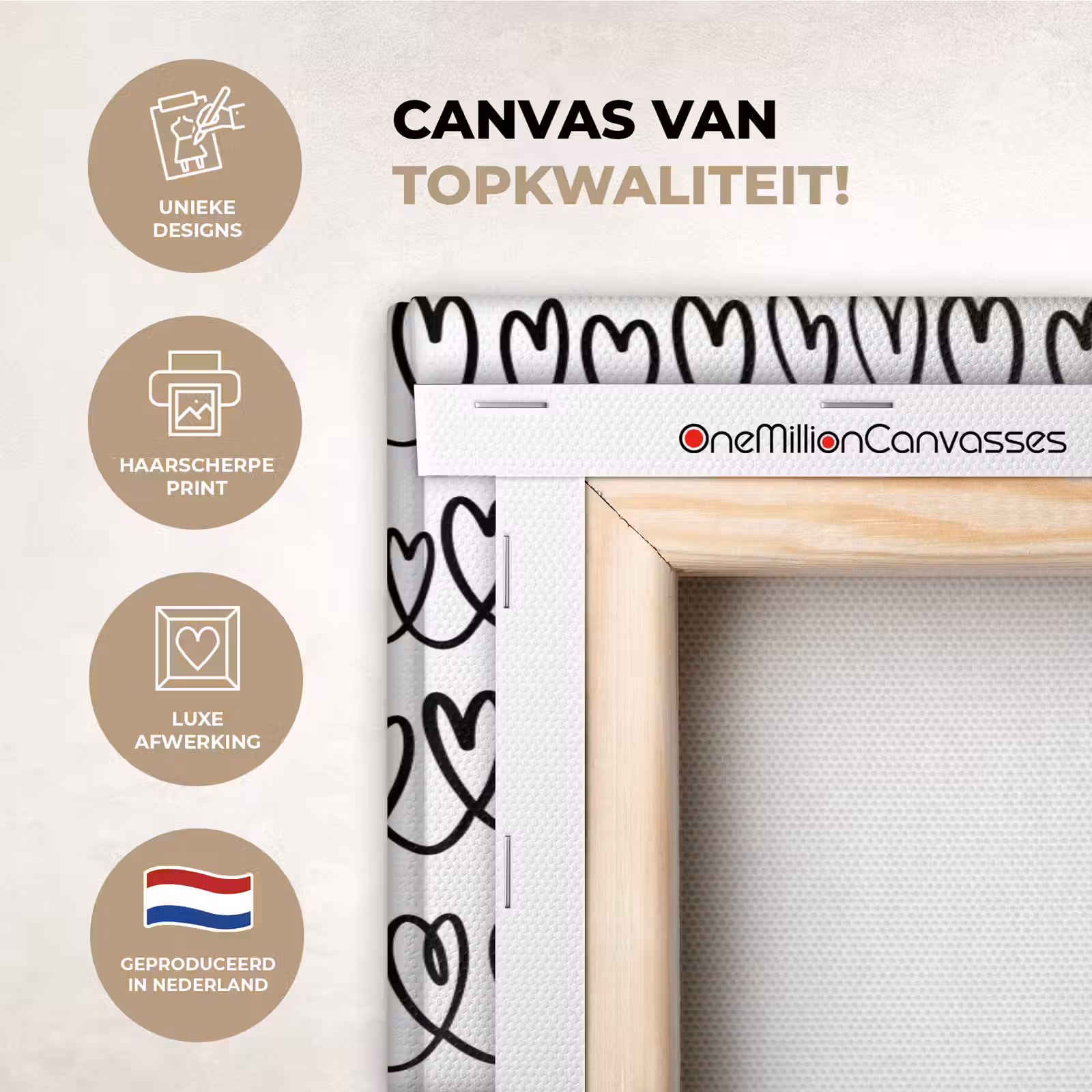 Canvas schilderij - Wit - Harten - Verweven - Zwart — 1