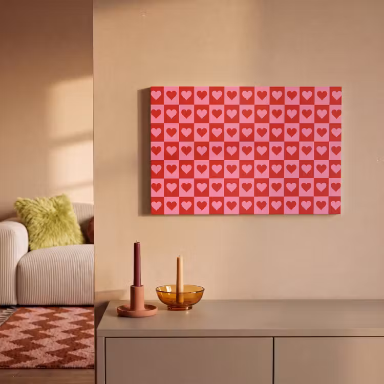 Canvas schilderij - Rood - Roze - Schaakbord - Valentijn — 2