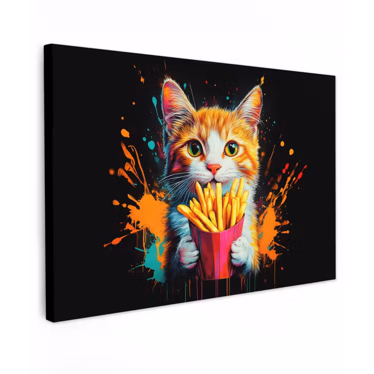 Canvas schilderij - Kat - Eten - Patat - Graffiti - Abstract — 1