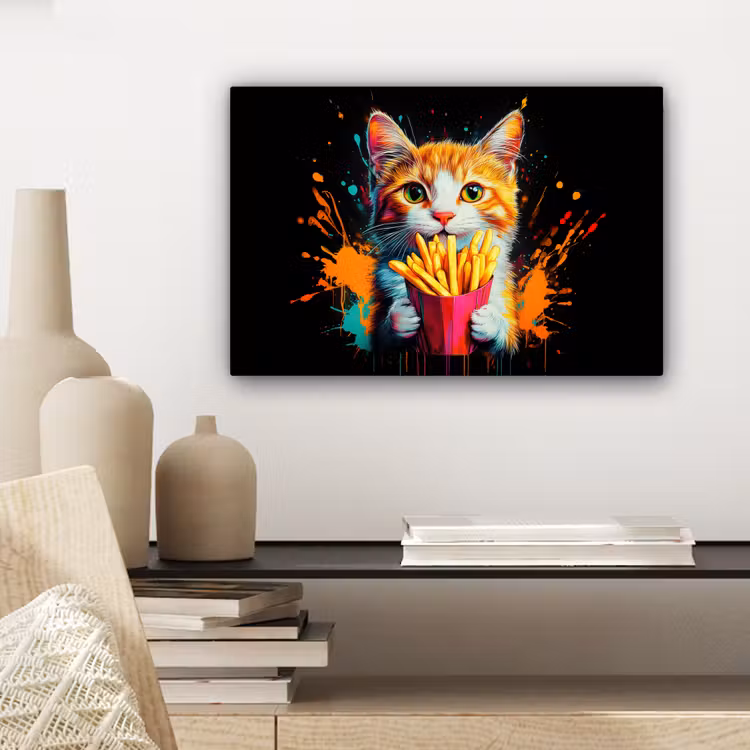 Canvas schilderij - Kat - Eten - Patat - Graffiti - Abstract — 5