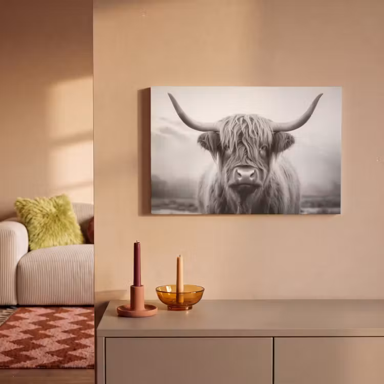 Canvas schilderij - Schotse hooglander - Mist - Zwart - Wit — 2
