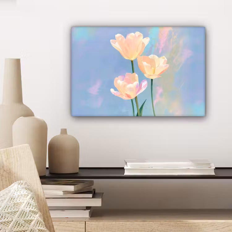 Canvas schilderij - Tulpen - Roze accenten - Blauw — 5
