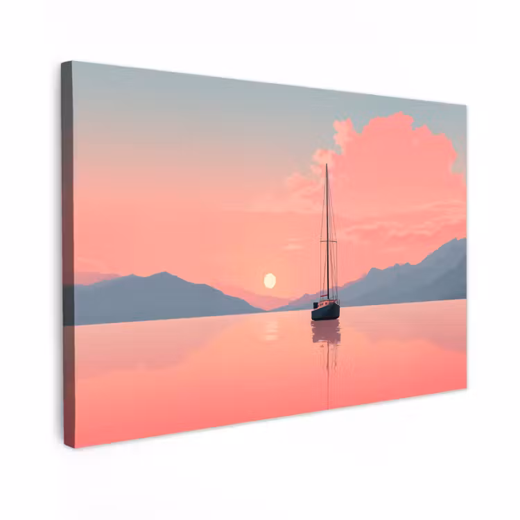 Canvas schilderij - Zeilboot - Roze zee - Zonsondergang - Bergen — 1