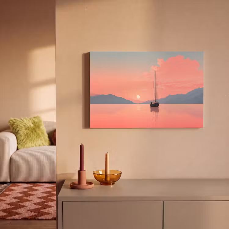 Canvas schilderij - Zeilboot - Roze zee - Zonsondergang - Bergen — 2