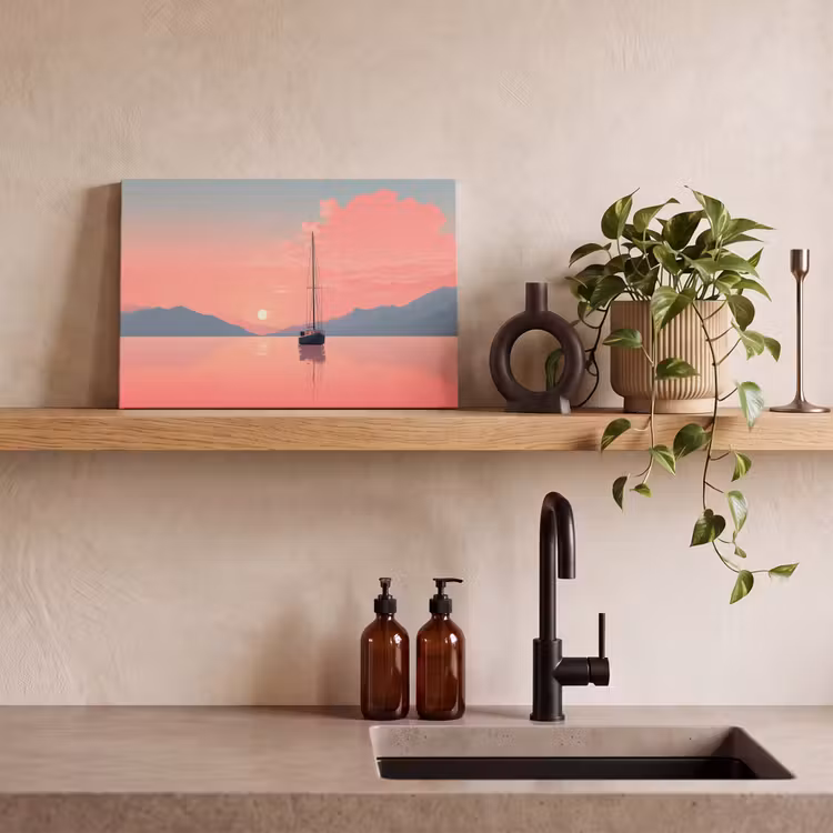 Canvas schilderij - Zeilboot - Roze zee - Zonsondergang - Bergen — 3