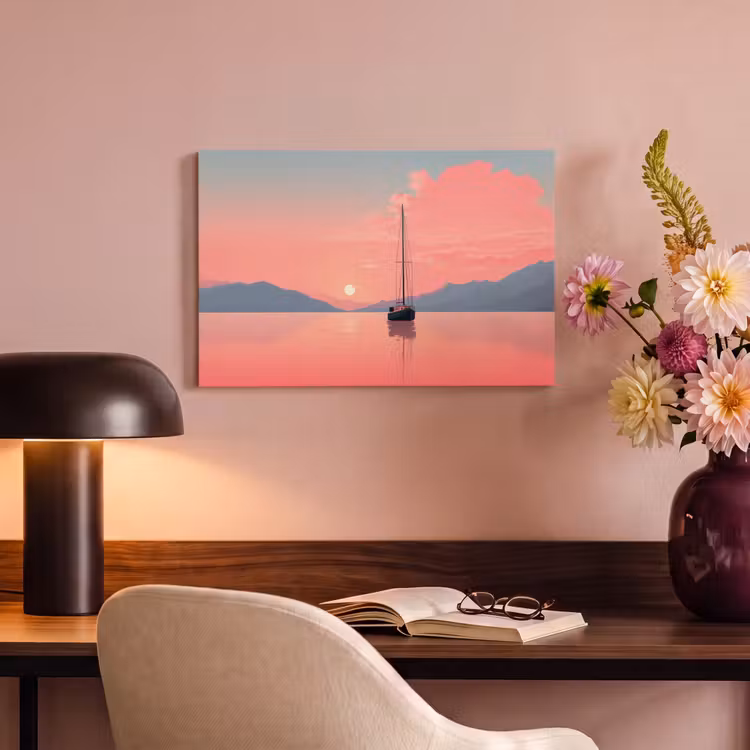 Canvas schilderij - Zeilboot - Roze zee - Zonsondergang - Bergen — 4