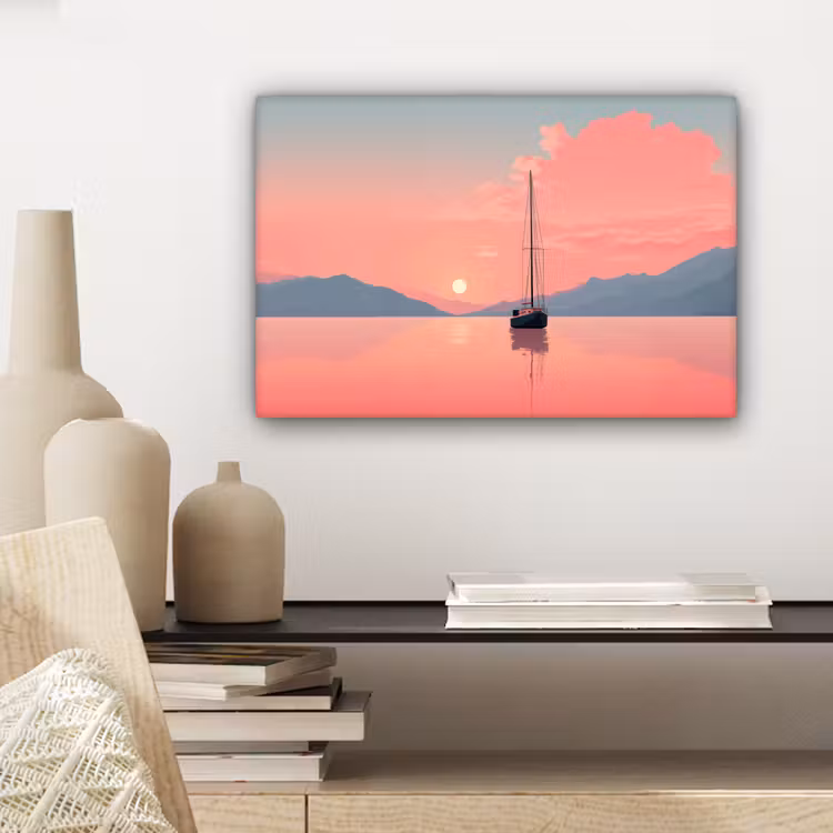 Canvas schilderij - Zeilboot - Roze zee - Zonsondergang - Bergen — 5