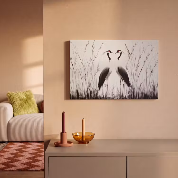 Canvas schilderij - Kraanvogels - Gras - Hartvorm - Zwart — 2