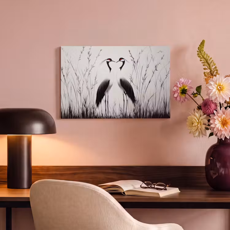 Canvas schilderij - Kraanvogels - Gras - Hartvorm - Zwart — 4