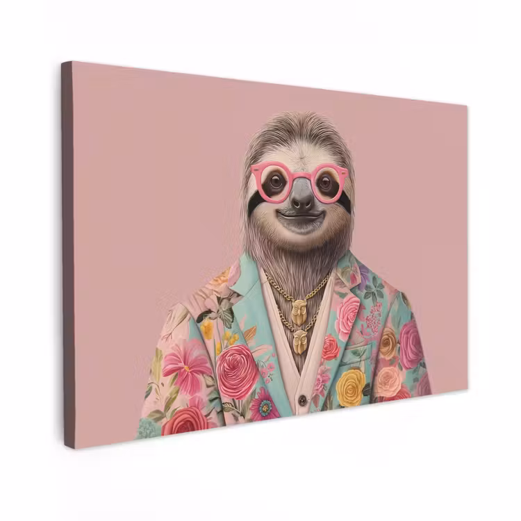 Canvas schilderij - Luiaard - Bloemenprint - Bril - Roze — 1