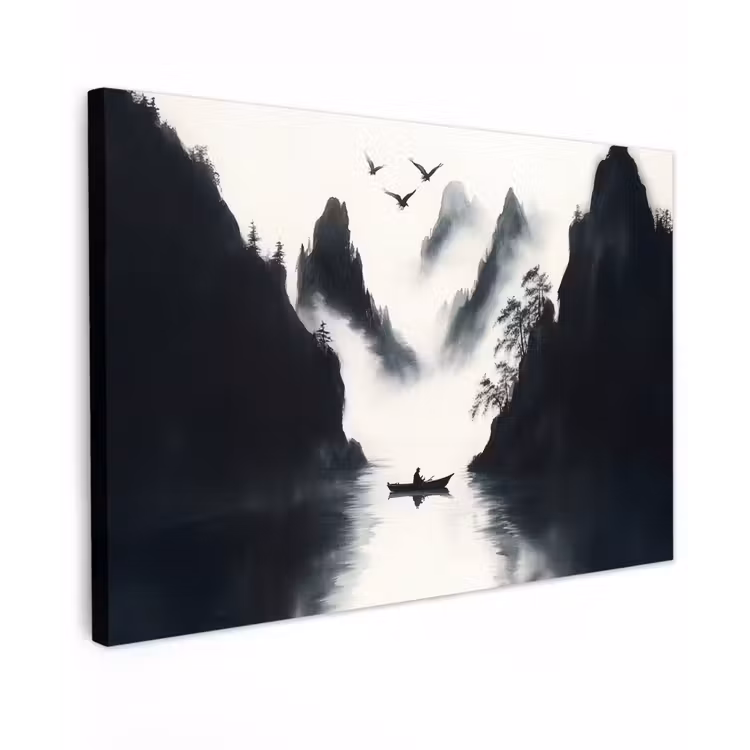 Canvas schilderij - Roeiboot - Mistig - Bergen - Vogels — 1