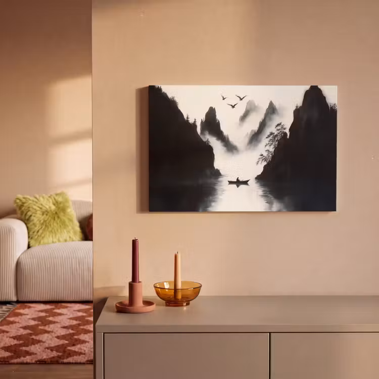 Canvas schilderij - Roeiboot - Mistig - Bergen - Vogels — 2