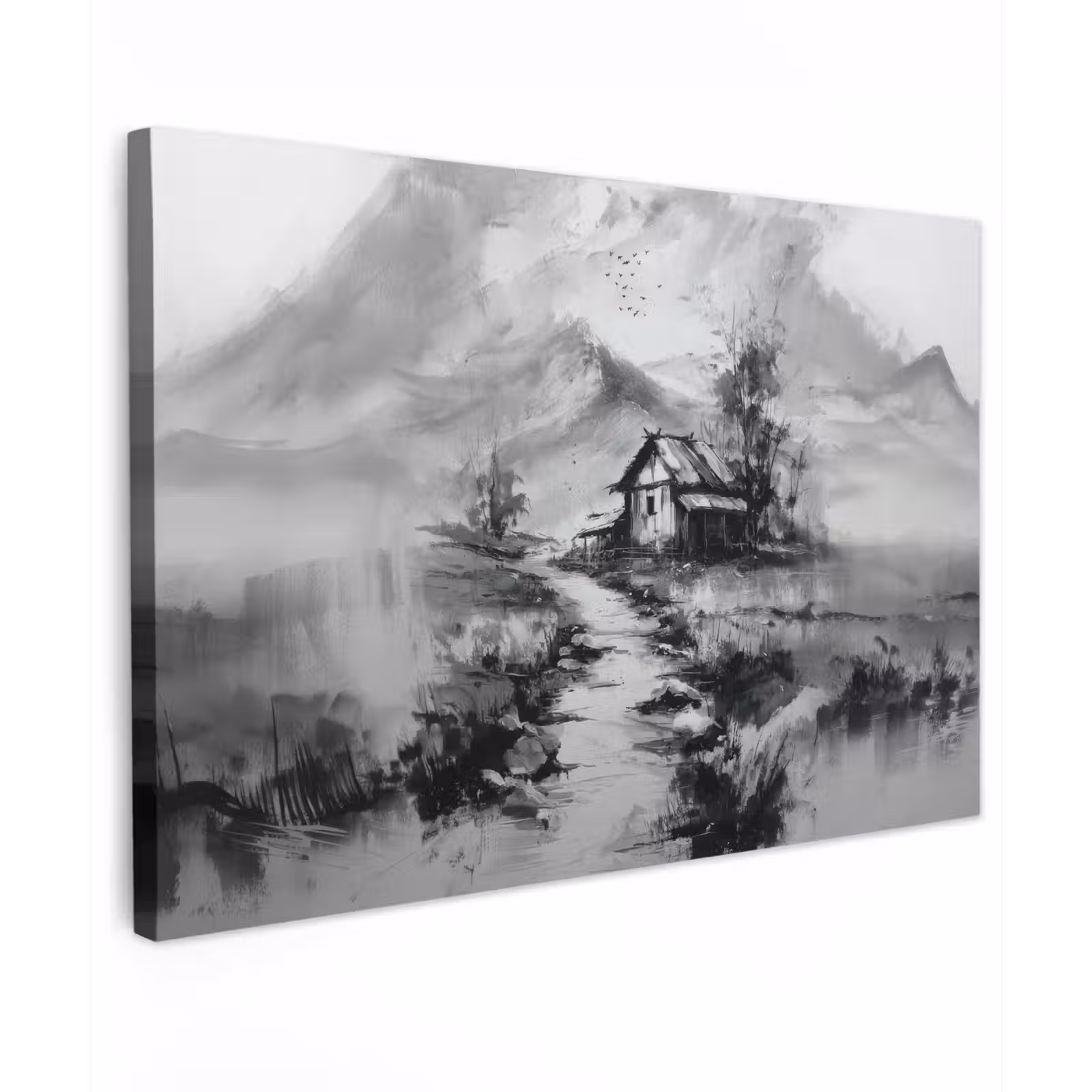 Canvas schilderij - Hut - Grijs - Bergen - Mistig — 1