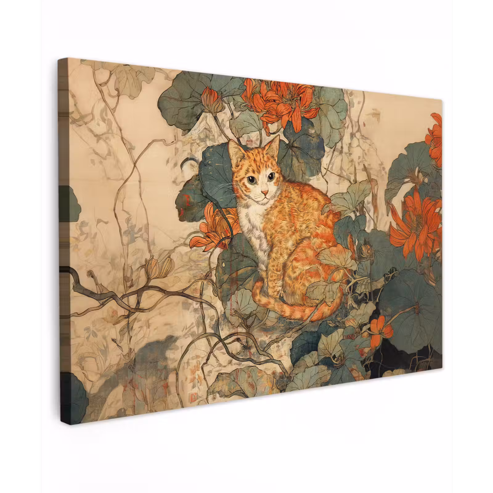 Canvas schilderij - Kat - Sierlijk - Bloemen — 1