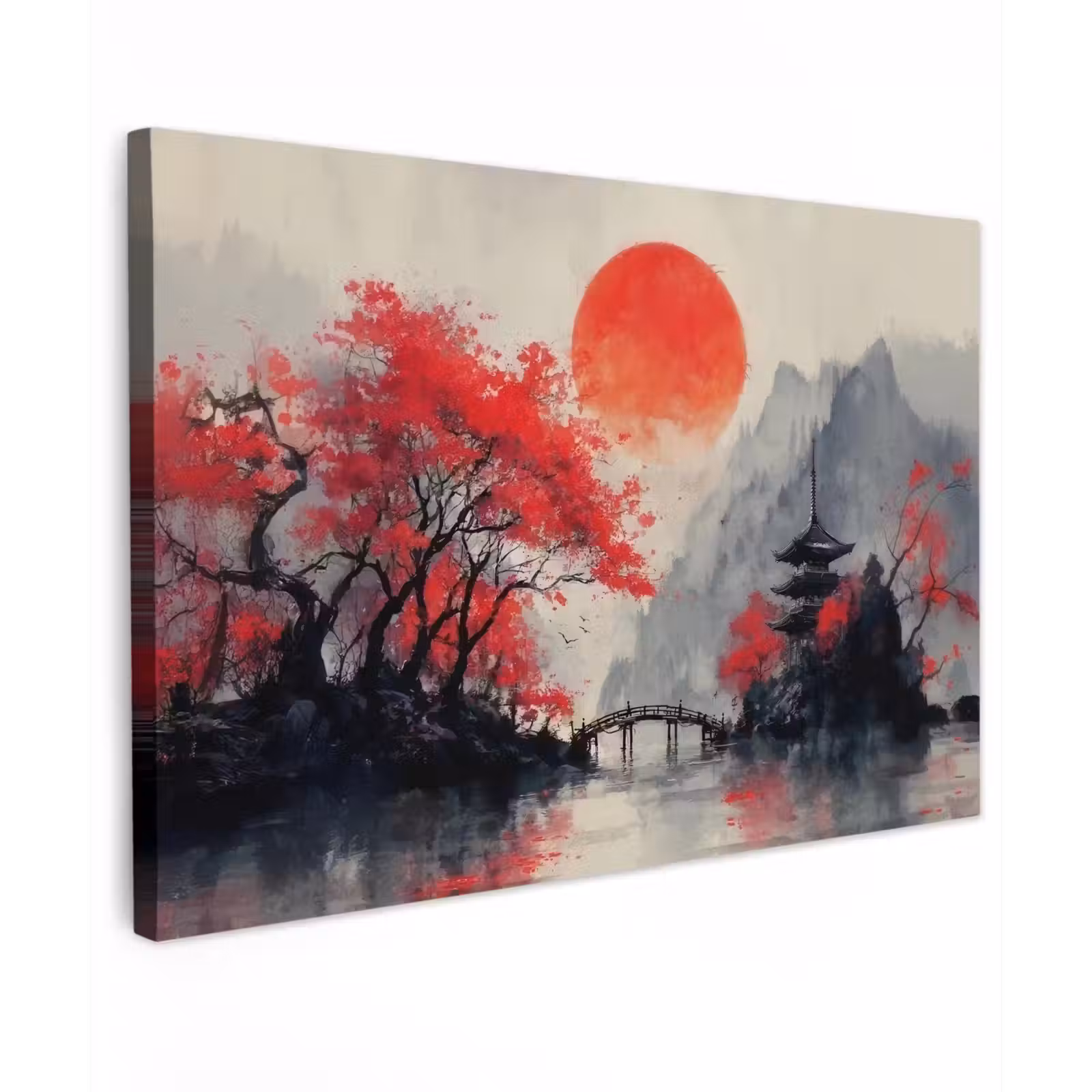 Canvas schilderij - Rode zon - Rivier - brug - Bomen — 1