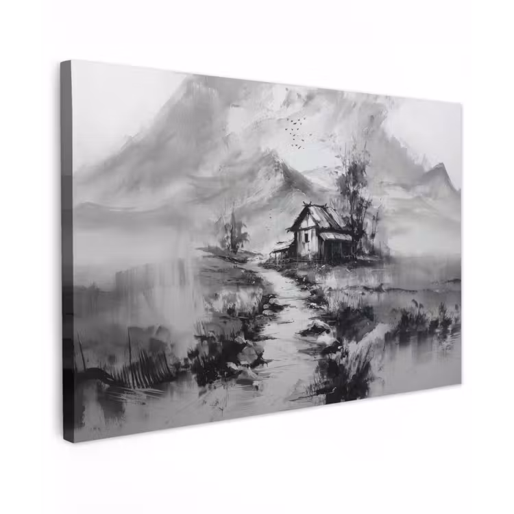 Canvas schilderij - Hut - Grijs - Bergen - Mistig — 1