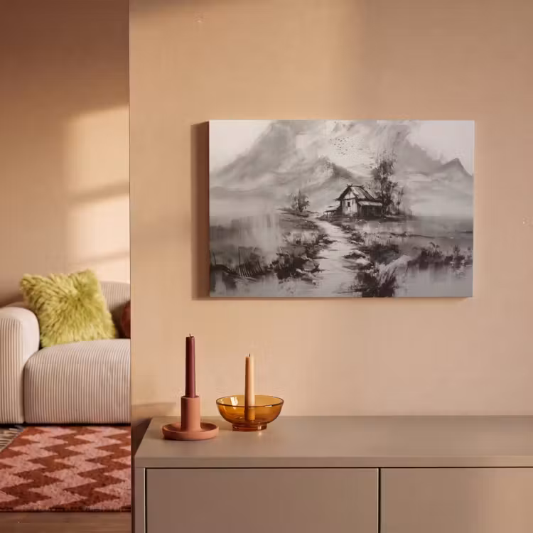 Canvas schilderij - Hut - Grijs - Bergen - Mistig — 2