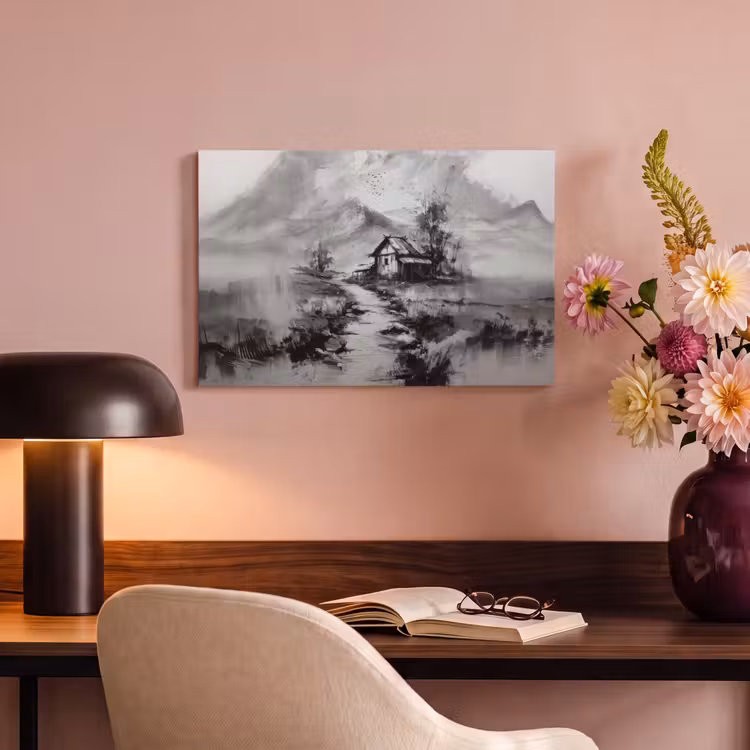 Canvas schilderij - Hut - Grijs - Bergen - Mistig — 4