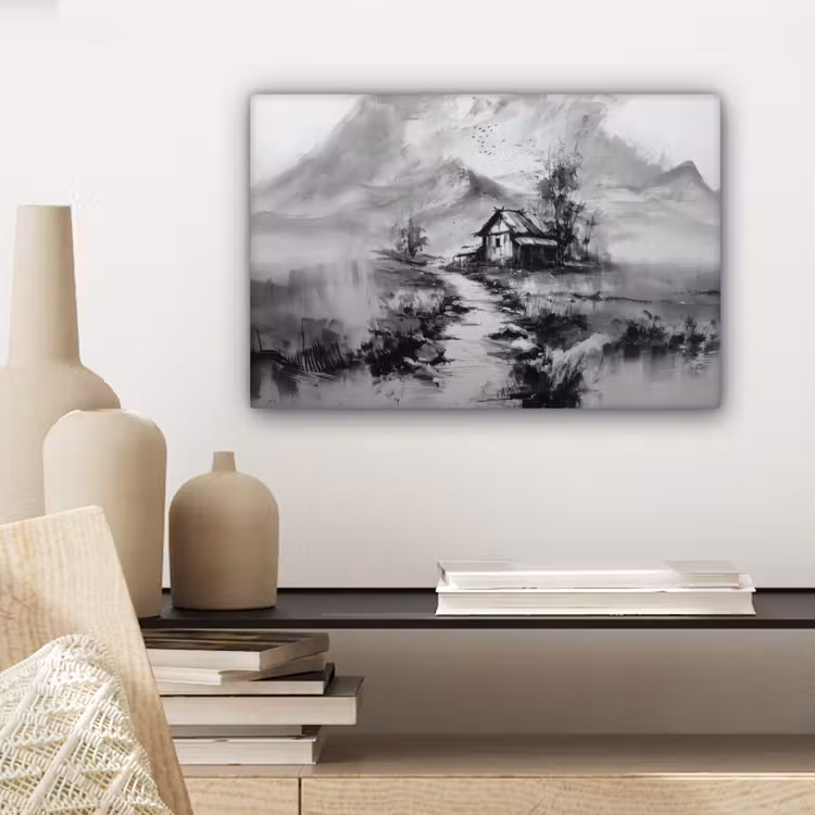 Canvas schilderij - Hut - Grijs - Bergen - Mistig — 5