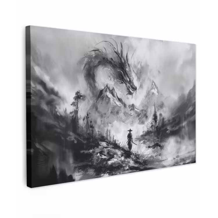 Canvas schilderij - Krijger - Draak - Grijs — 1