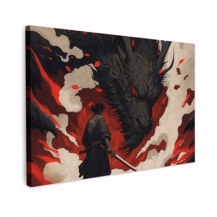 Canvas schilderij - Krijger - Draak - Zwart - Rood - Rook — 1