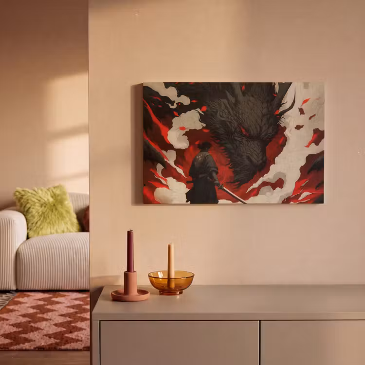 Canvas schilderij - Krijger - Draak - Zwart - Rood - Rook — 2