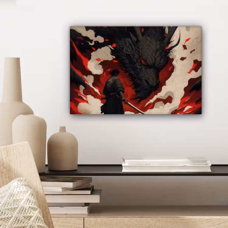 Canvas schilderij - Krijger - Draak - Zwart - Rood - Rook — 5