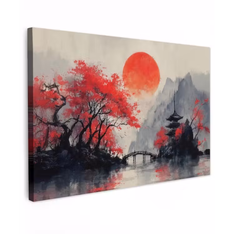 Canvas schilderij - Rode zon - Rivier - brug - Bomen — 1