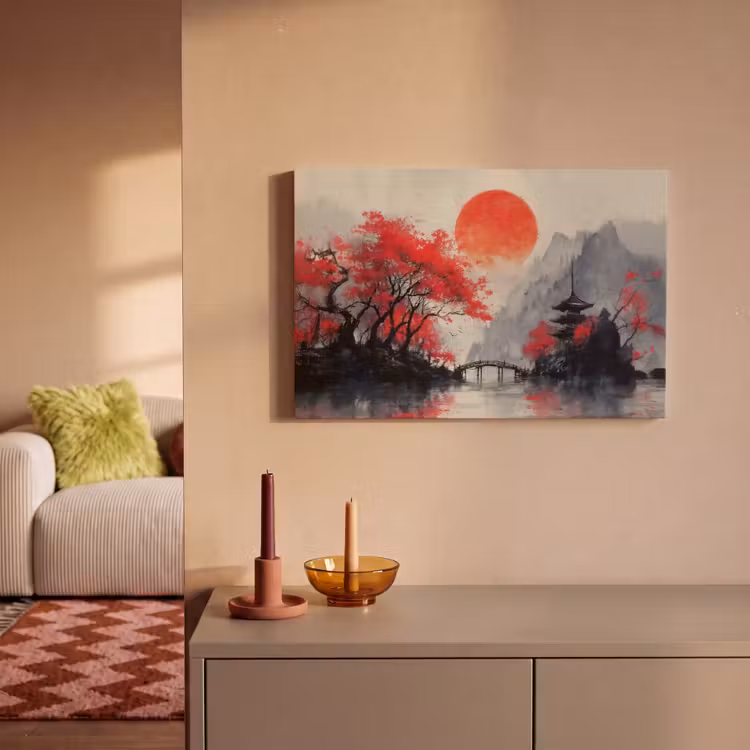 Canvas schilderij - Rode zon - Rivier - brug - Bomen — 2