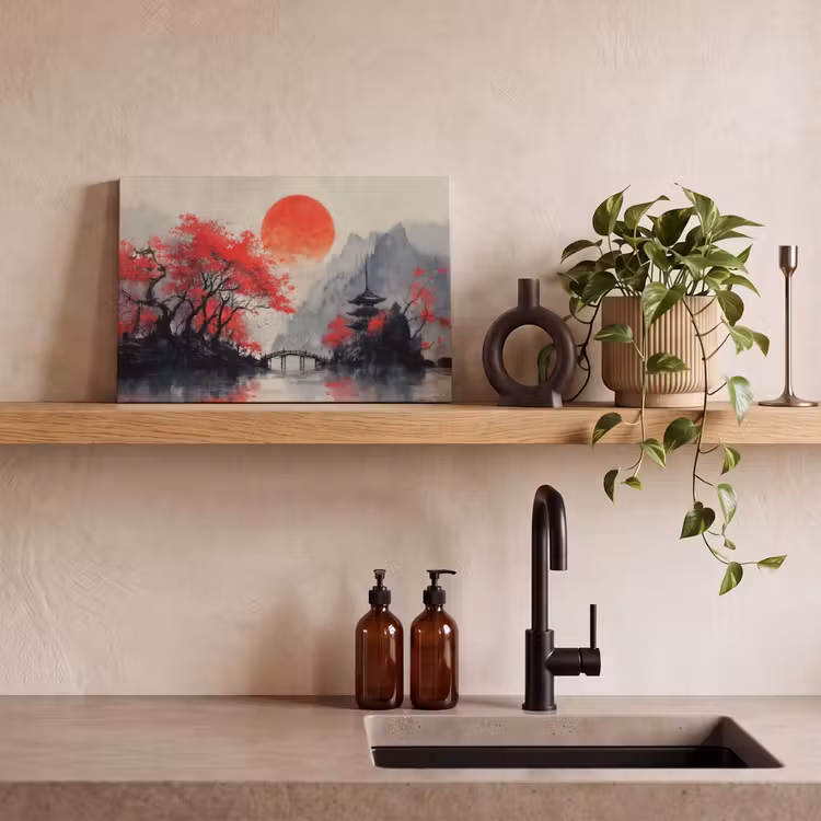 Canvas schilderij - Rode zon - Rivier - brug - Bomen — 3
