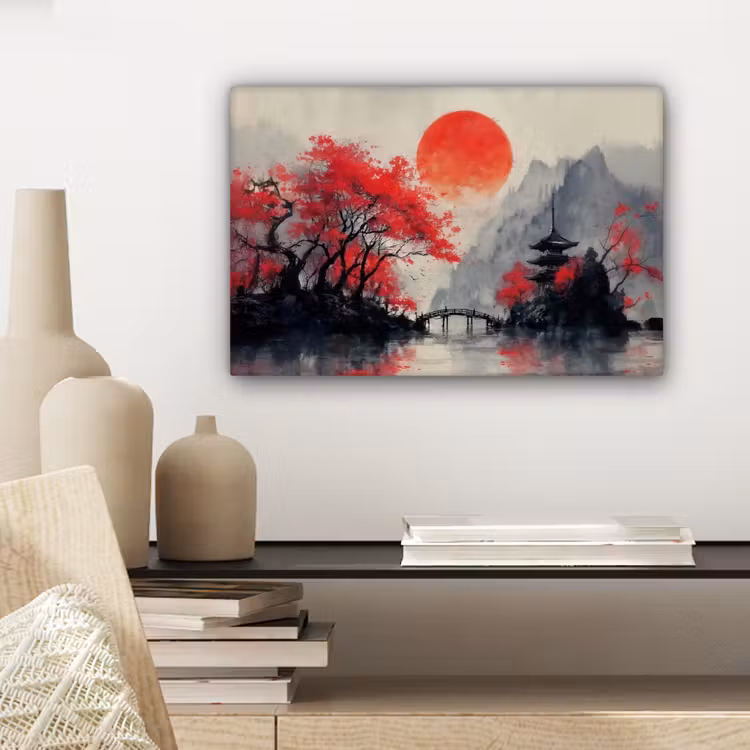 Canvas schilderij - Rode zon - Rivier - brug - Bomen — 5
