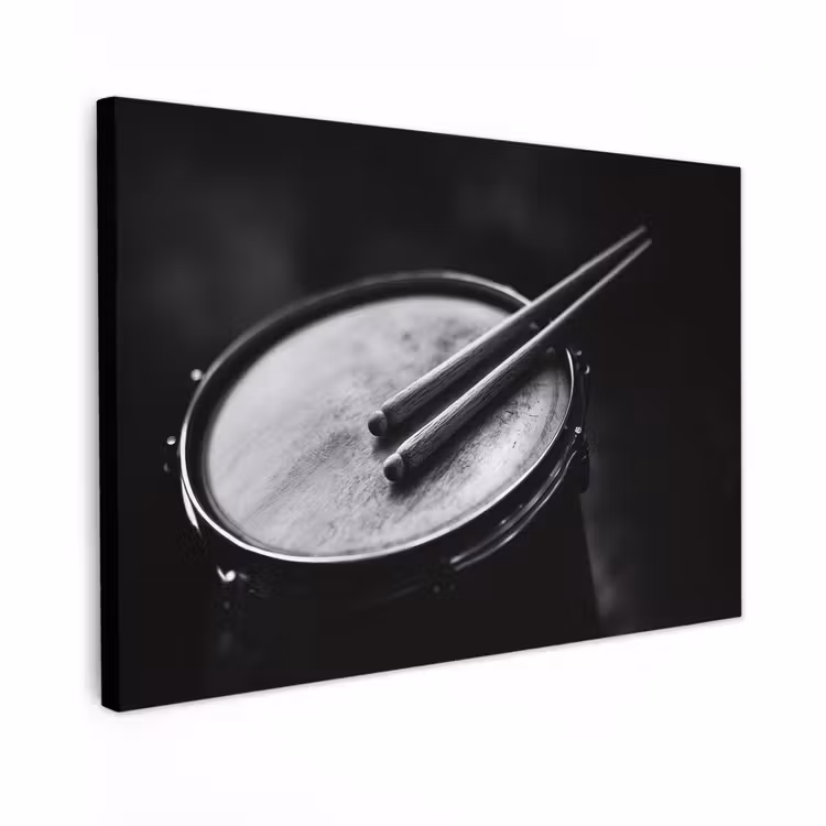 Canvas schilderij - Trommel - Close-up - Drumstokken - Zwart — 1